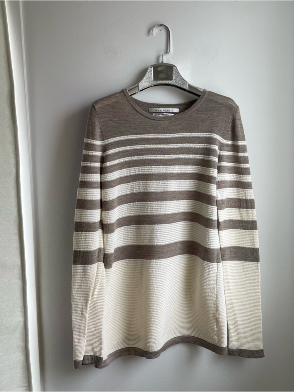 100% Extra-fine Merino Wool Striped Crewneck Pullover Sweater Taupe & Cream